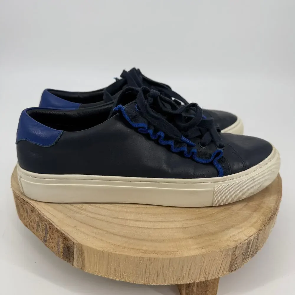 Tory Burch Sport Ruffled Sneakers Size 6.5 Navy Blue Minimalist Leather Feminine